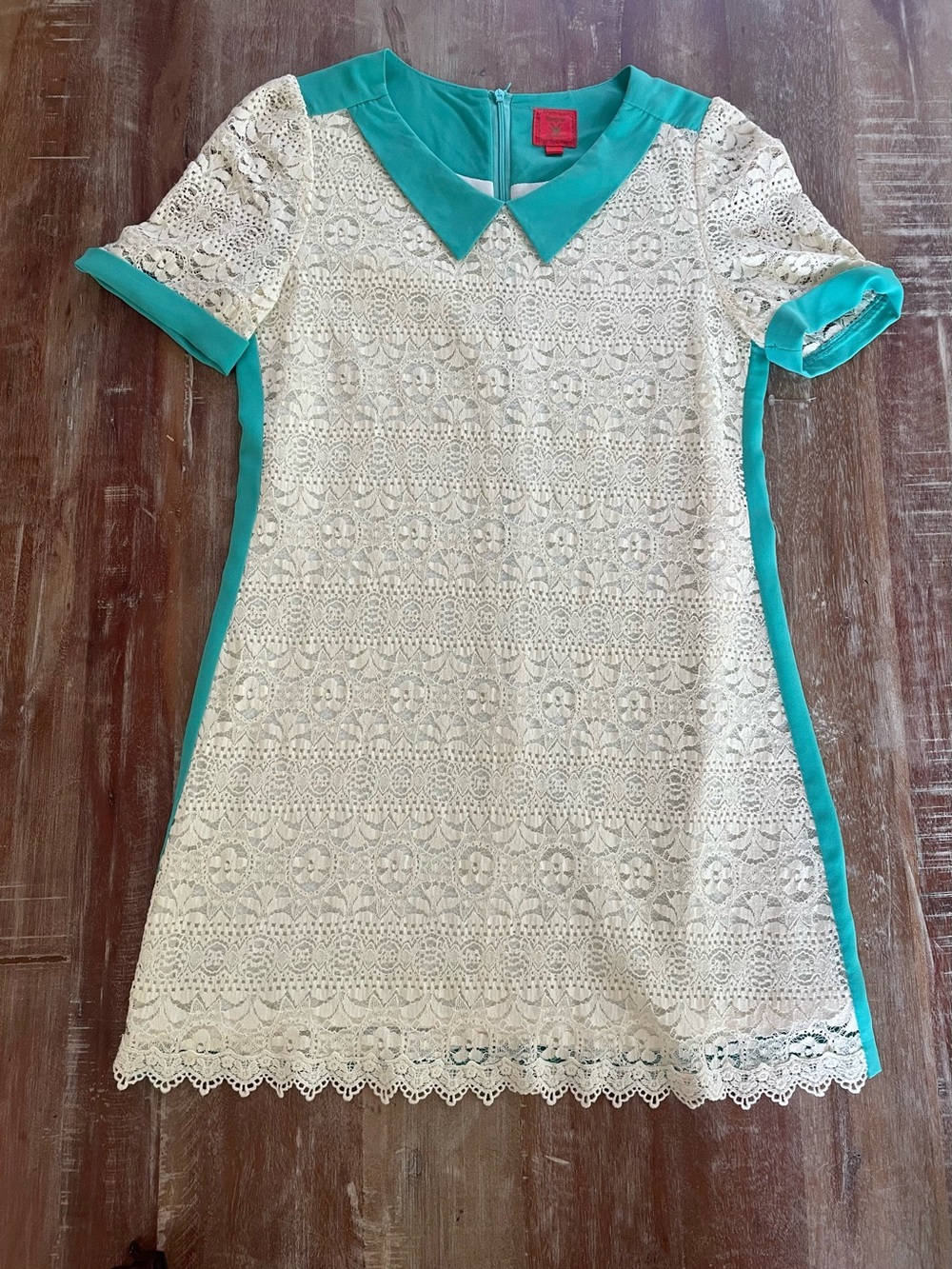 Turquoise Trim White Lace Mini Dress